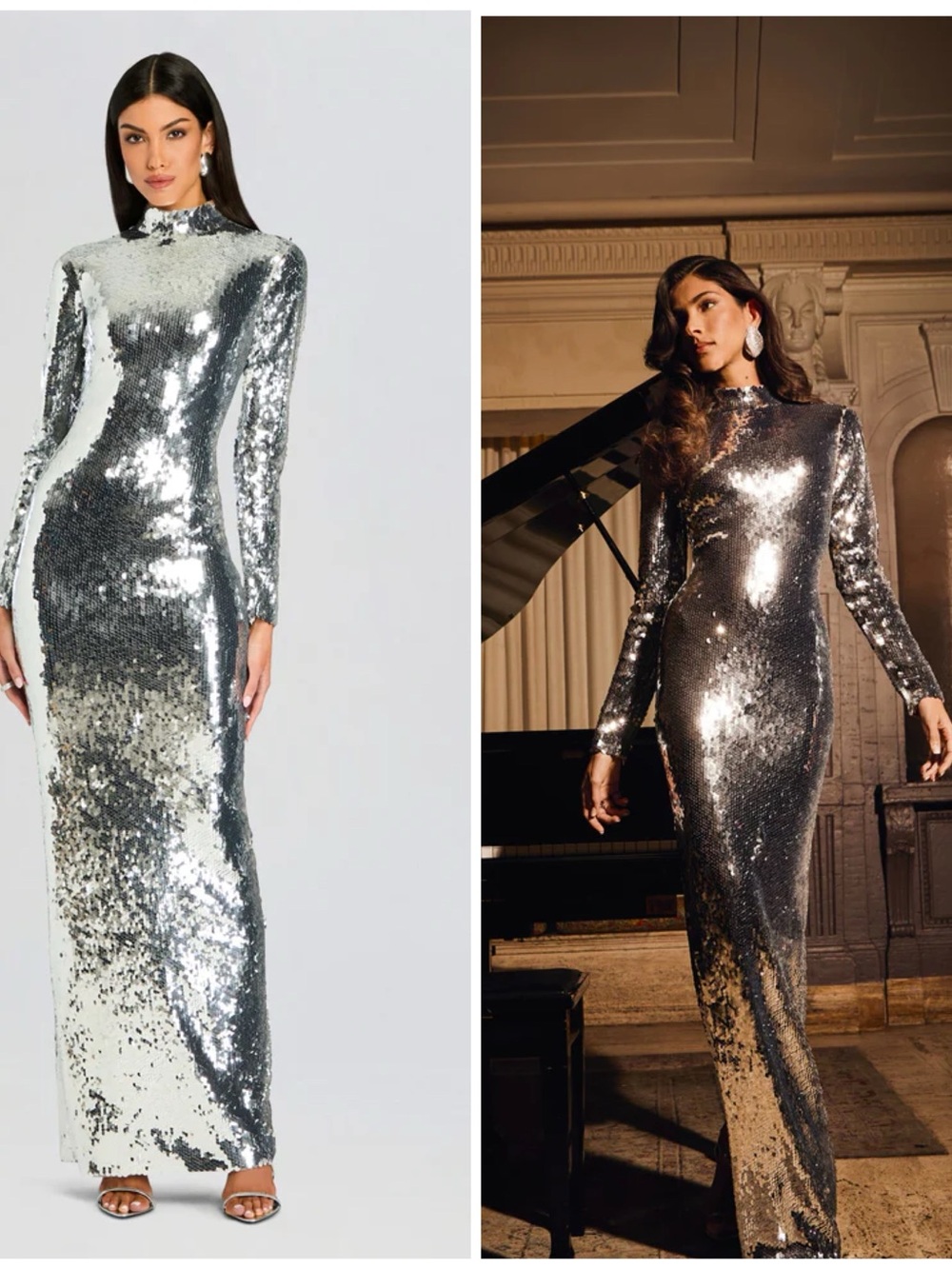 NWT Retrofete Lucia Silver Sequin Long Sleeve Maxi Long Dress Size Small